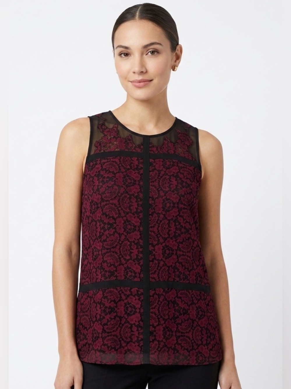 Adrianna Papell Burgundy and Black Sleeveless Top with lace detail- Size M
